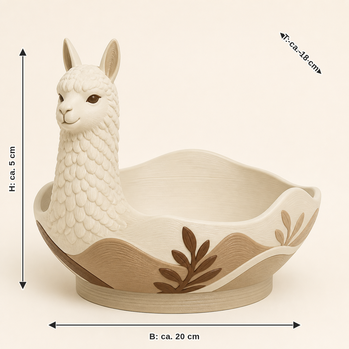 Maßbild für Alpaka-Dekoschale Motivschale: Breite ca. 20 cm, Tiefe ca. 18 cm, Höhe ca. 5 cm