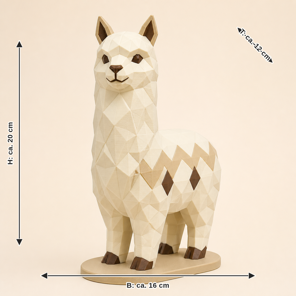 Maßbild für Alpaka-Low-Poly-Skulptur Facettenfigur: Breite ca. 16 cm, Tiefe ca. 12 cm, Höhe ca. 20 cm