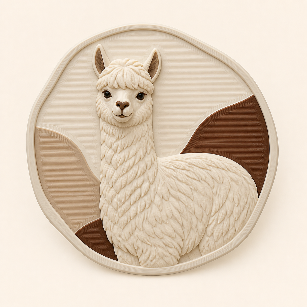 Alpaka-Wandrelief Tierporträt aus 3D-gedrucktem PETG in Knochenweiß, Sandbeige, Kastanienbraun