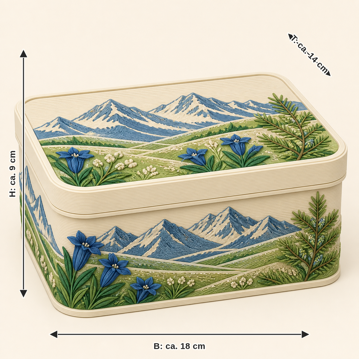 Dimensional image for Alpine spring-storage box Almbox: width approx. 18 cm, depth approx. 14 cm, height approx. 9 cm