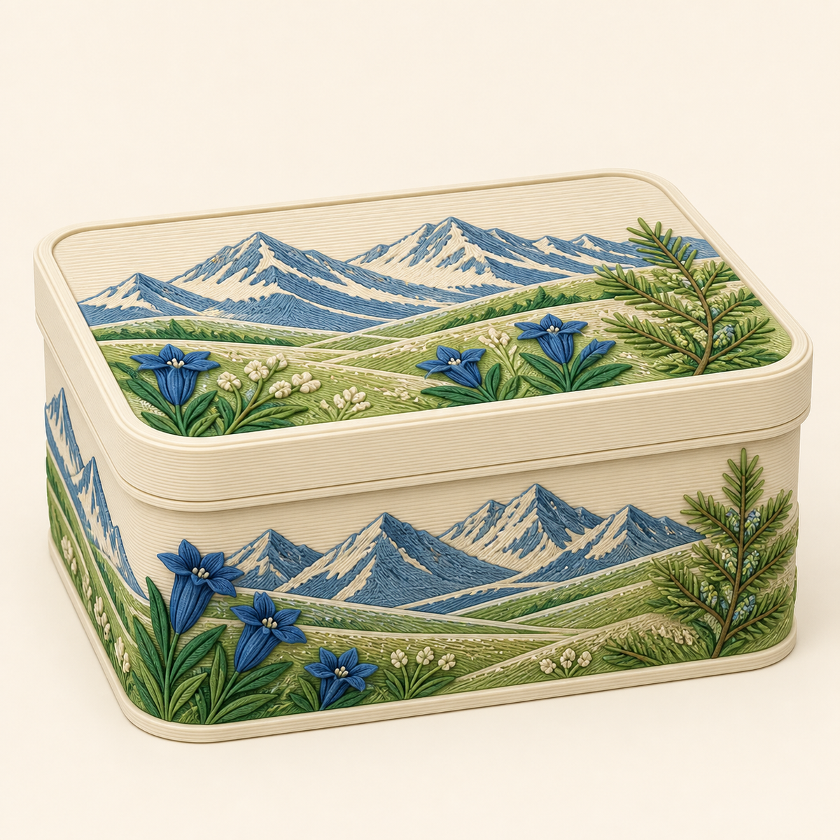Alpine spring-storage box Almbox from 3D-printed PETG in Enzian blue, Meadow Green, cream