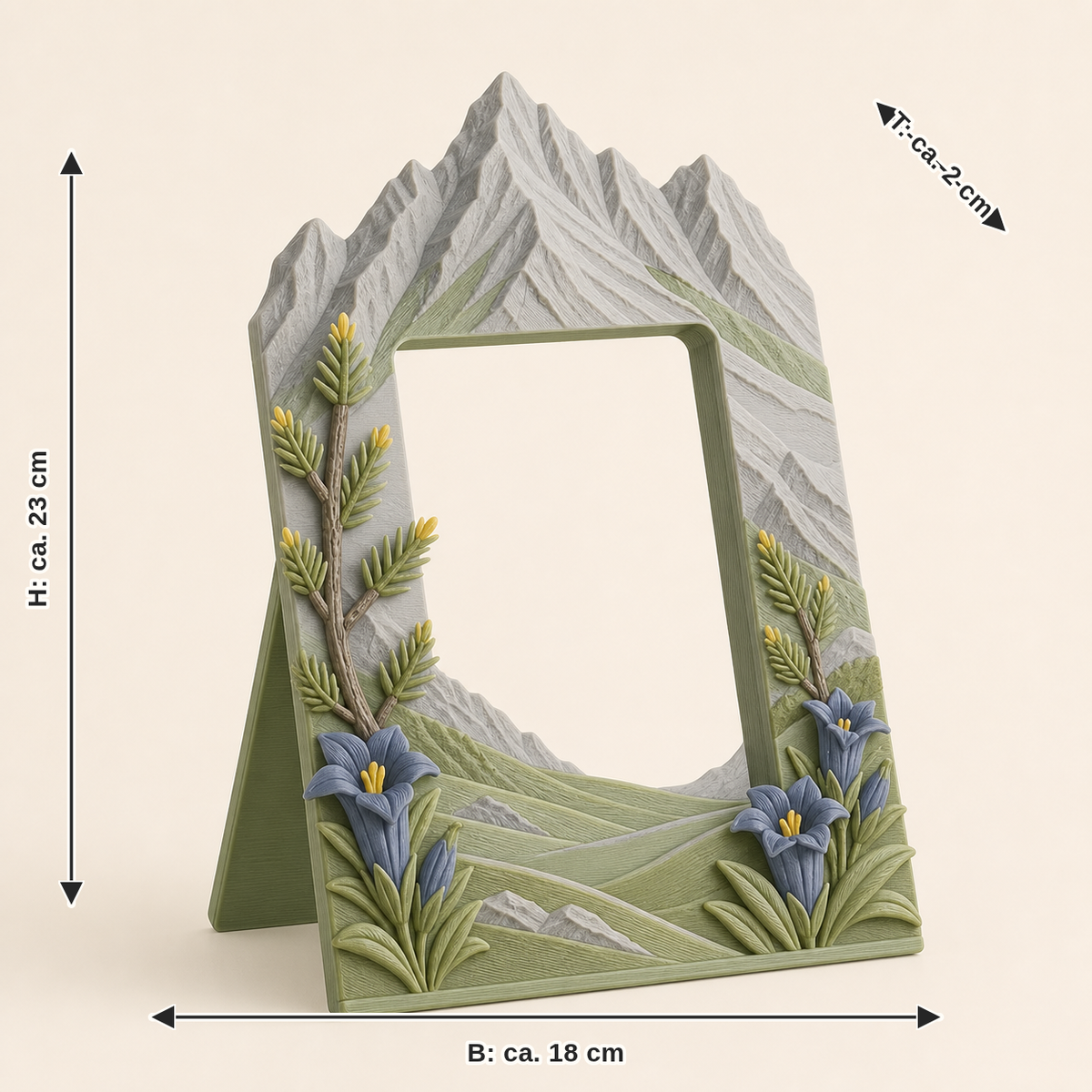 Dimensional image for Alpine spring-photo frame Mountain portal: width approx. 18 cm, depth approx. 2 cm, height approx. 23 cm