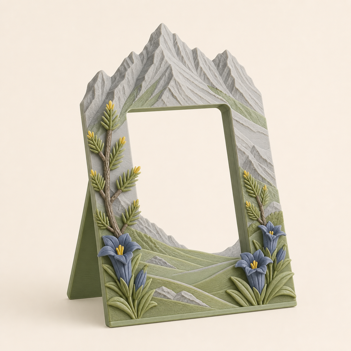 Alpine spring-photo frame mountain portal in 3D-printed PETG in sun yellow, stone grey, sage green