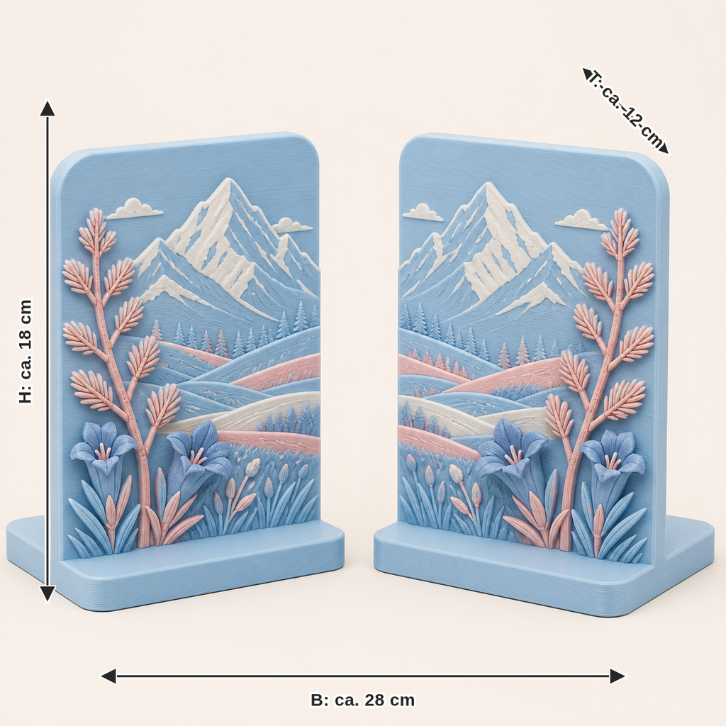 Dimensional image for Alpine spring-bookends-pair Double peak: width approx. 28 cm, depth approx. 12 cm, height approx. 18 cm