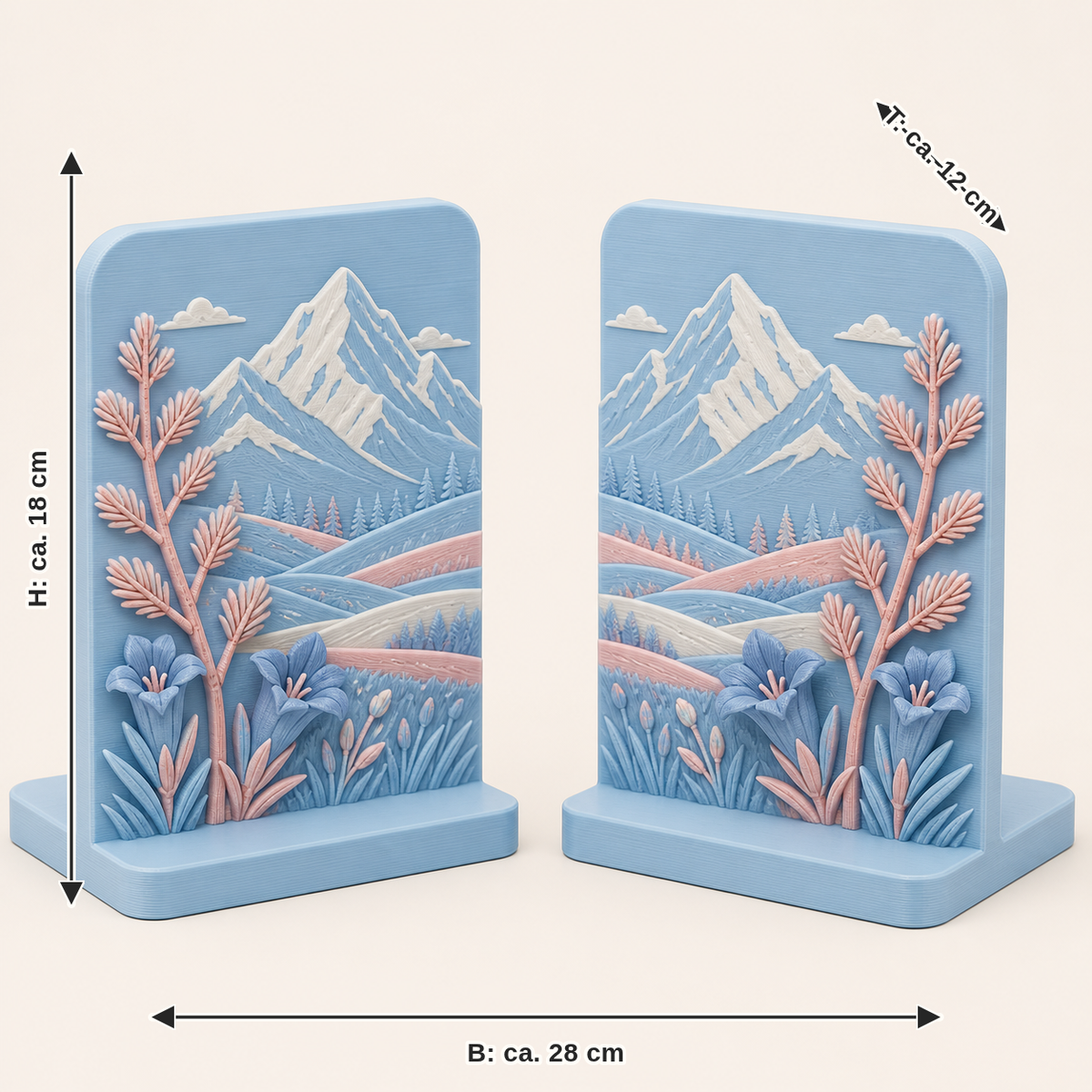 Dimensional image for Alpine spring-bookends-pair Double peak: width approx. 28 cm, depth approx. 12 cm, height approx. 18 cm