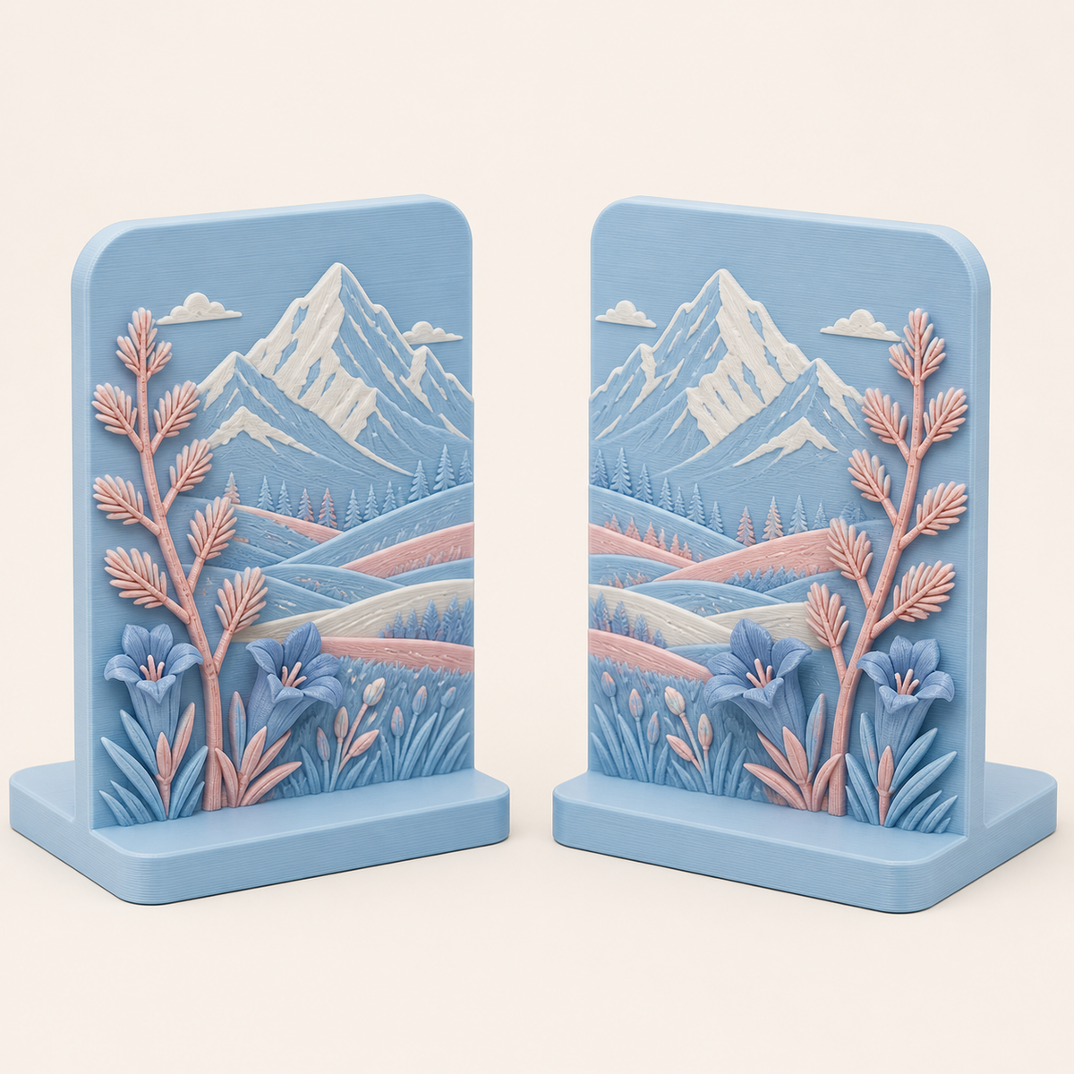Alpine spring-bookends-pair in 3D-printed PETG in sky blue, rose, warm white
