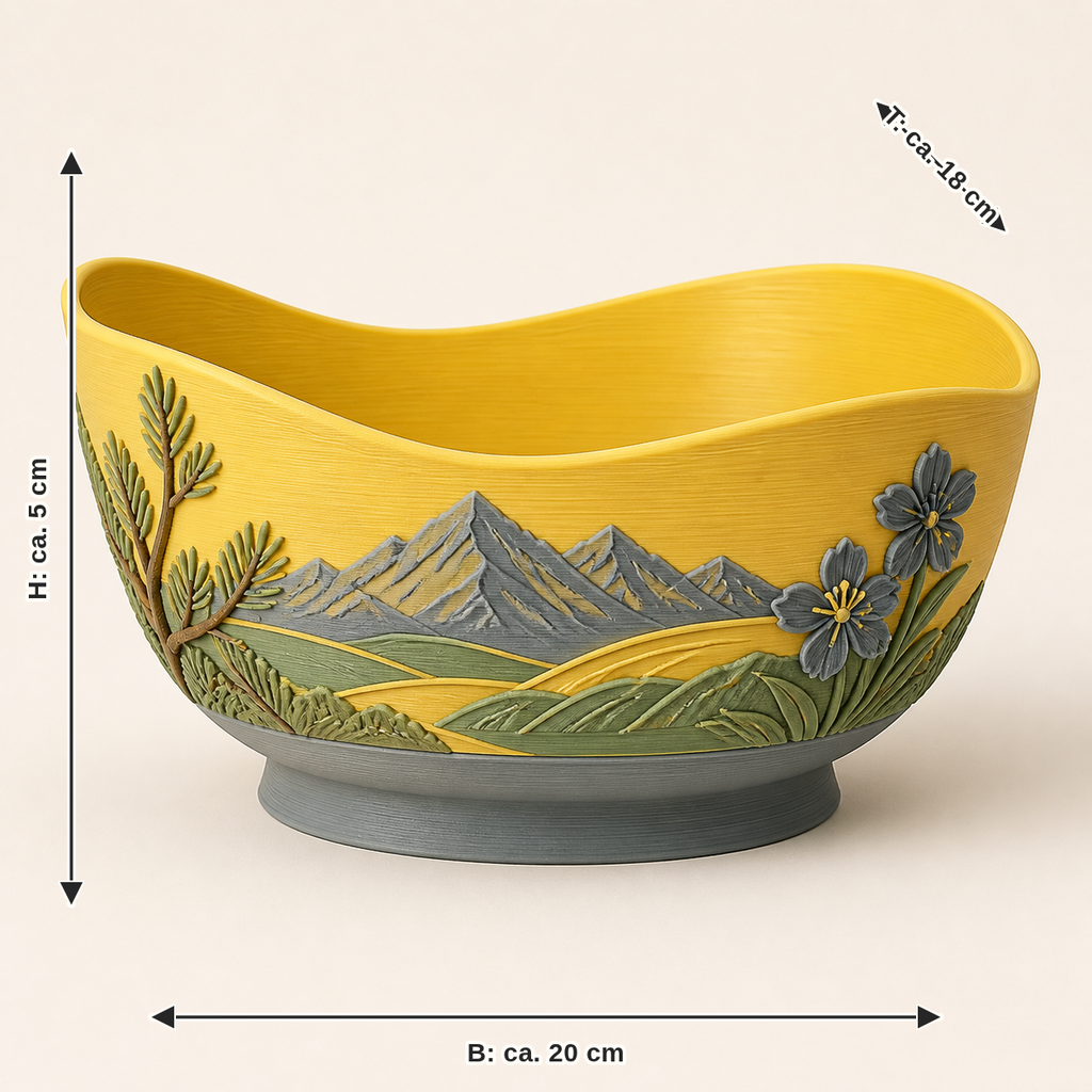 Maßbild für Alpenfrühling-Dekoschale Almmulde: Breite ca. 20 cm, Tiefe ca. 18 cm, Höhe ca. 5 cm