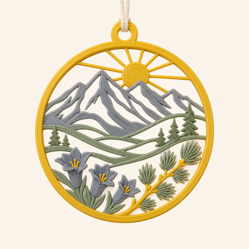 Alpine spring-window ornament top window in 3D printed PETG in sun yellow, stone grey, sage green