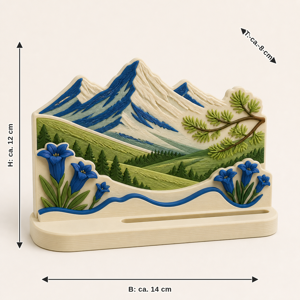 Maßbild für Alpenfrühling-Fotohalter Almpunkt: Breite ca. 14 cm, Tiefe ca. 8 cm, Höhe ca. 12 cm
