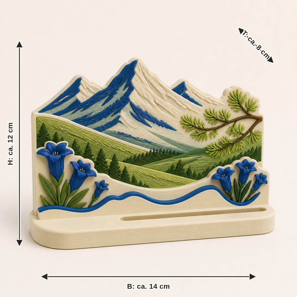 Dimensional picture for Alpine spring photo holder Almpunkt: width about 14 cm, depth about 8 cm, height about 12 cm