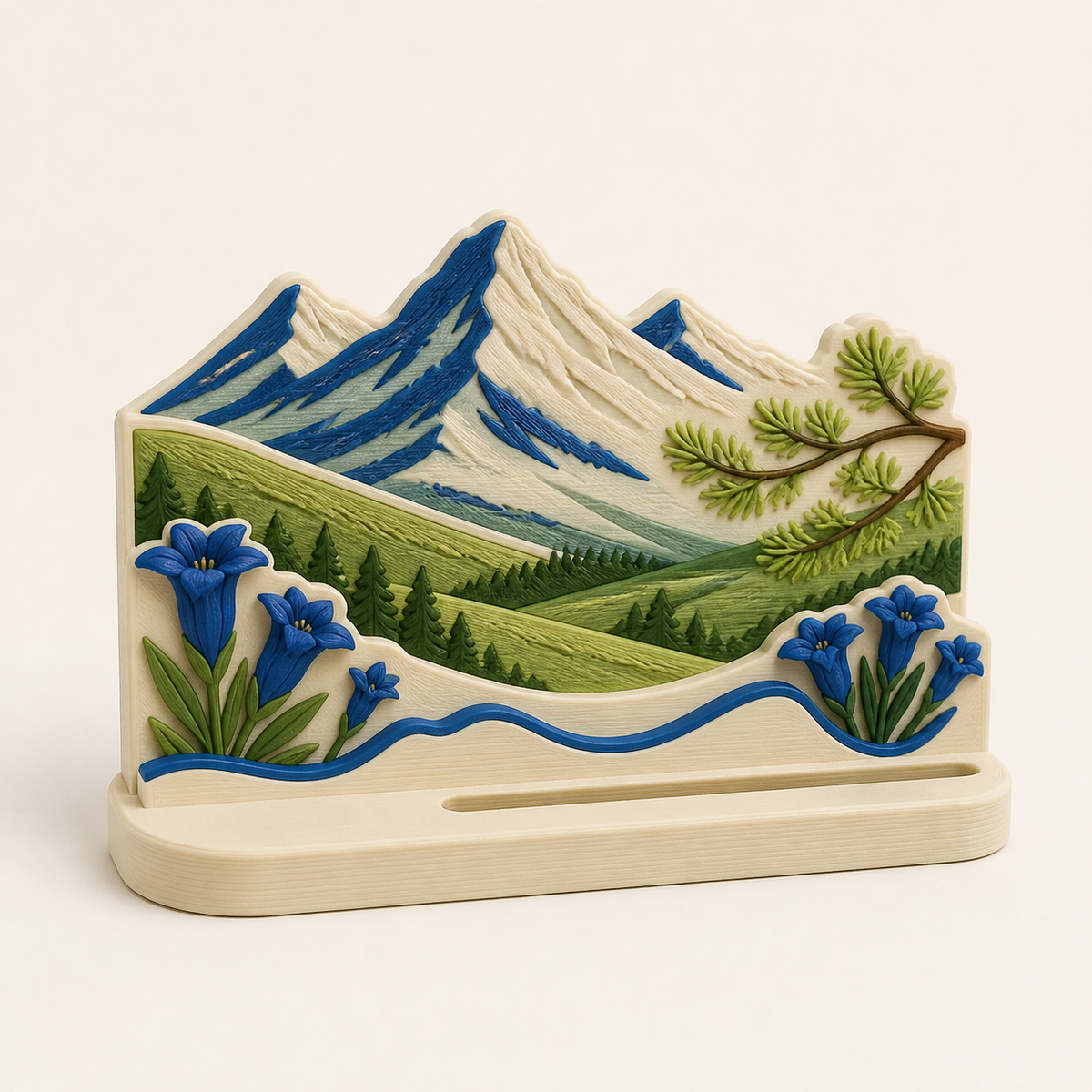 Alpine spring photo holder made of 3D-printed PETG in Enzian blue, meadow green, cream