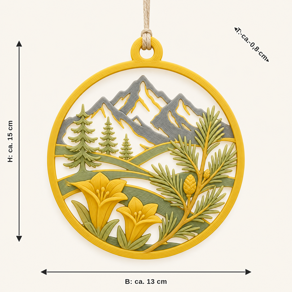 Dimensional image for Alpine spring-hanging decoration Larch branch: width approx. 13 cm, depth approx. 0.8 cm, height approx. 15 cm