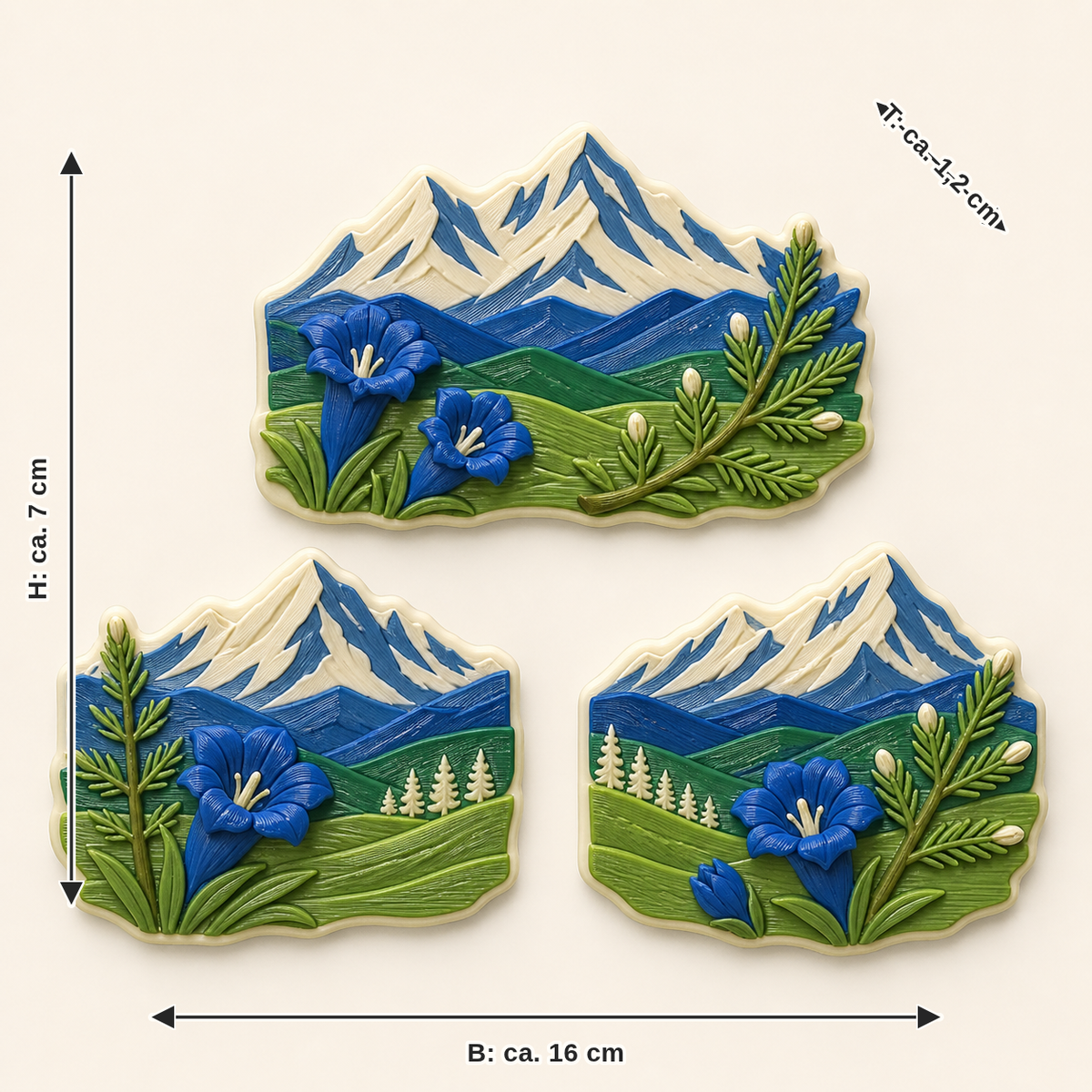 Dimensional image for Alpine spring magnet set Enzian trio: width approx. 16 cm, depth approx. 1.2 cm, height approx. 7 cm