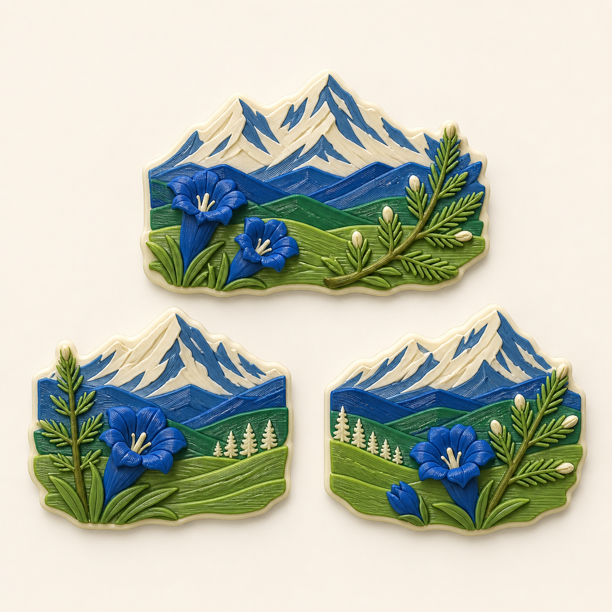 Alpine spring magnet set Enzian trio from 3D-printed PETG in Enzian blue, Meadow Green, cream