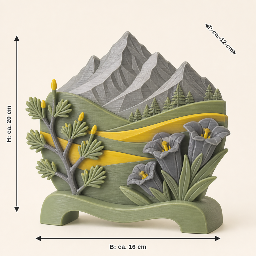 Dimensional image for Alpine spring-mini-sculpture Blooming alpine pasture: width approx. 16 cm, depth approx. 12 cm, height approx. 20 cm