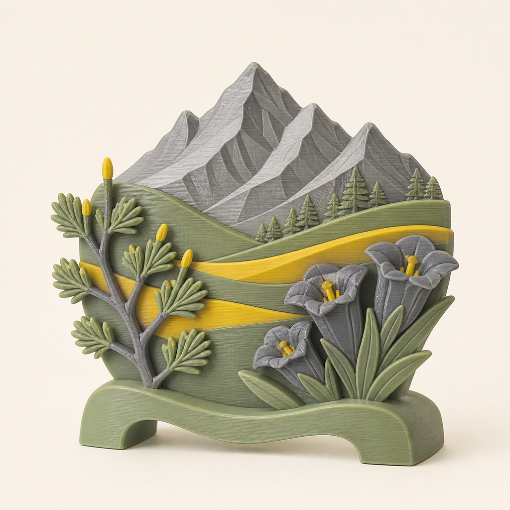 Alpine spring mini-sculpture Blooming alpine pasture from 3D-printed PETG in sun yellow, stone grey, sage green