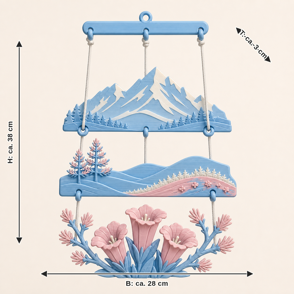 Measurement image for Alpine spring-mobile alm dance: width about 28 cm, depth about 3 cm, height about 38 cm