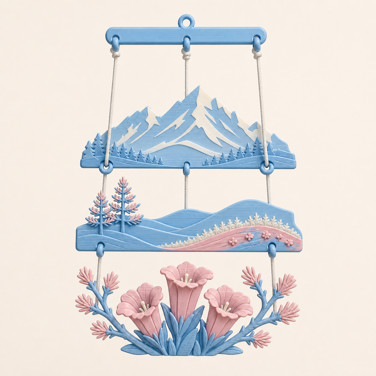 Alpine spring-mobile dancing in 3D printed PETG in sky blue, rose, warm white