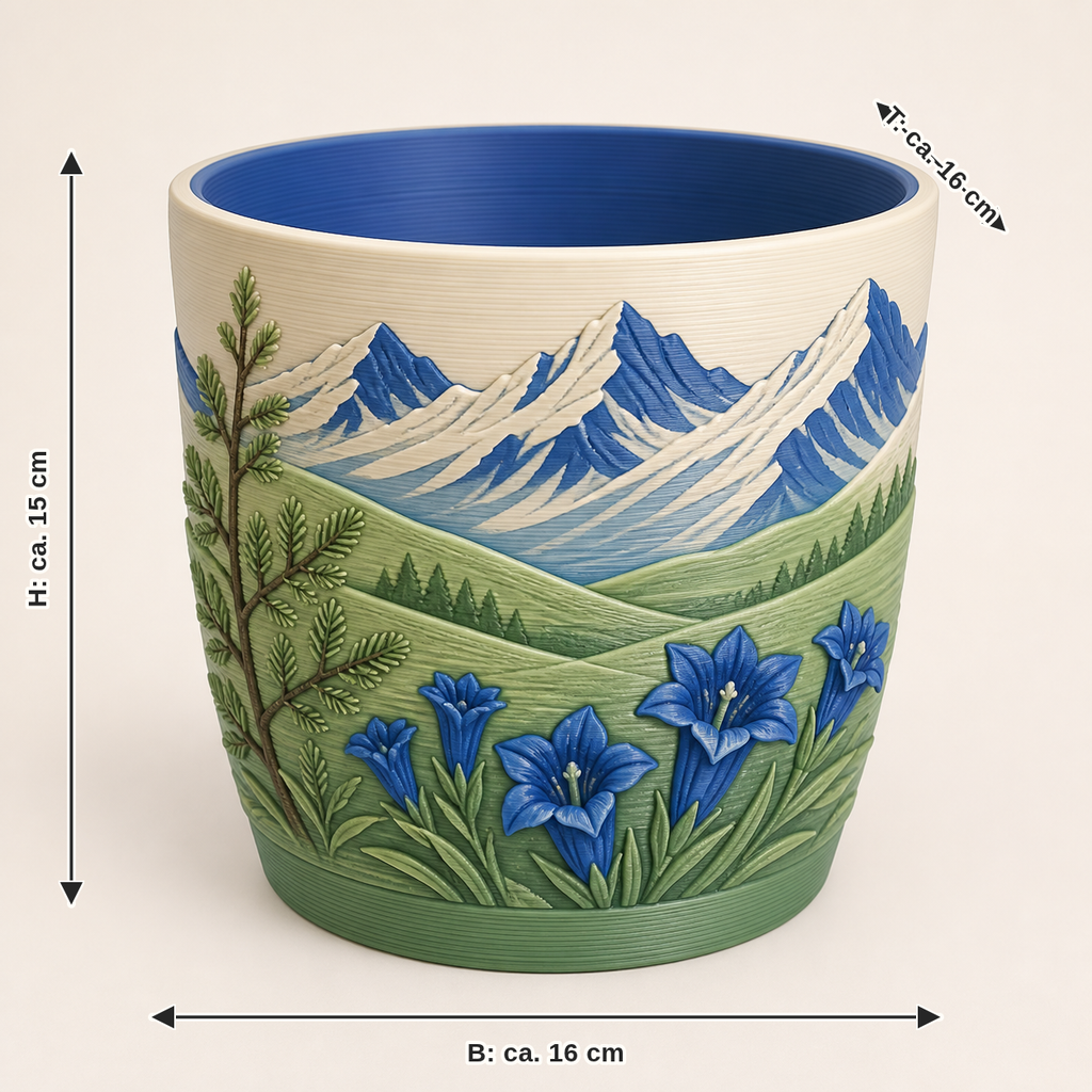 Dimensional image for Alpine spring planter mountain pot: width approx. 16 cm, depth approx. 16 cm, height approx. 15 cm