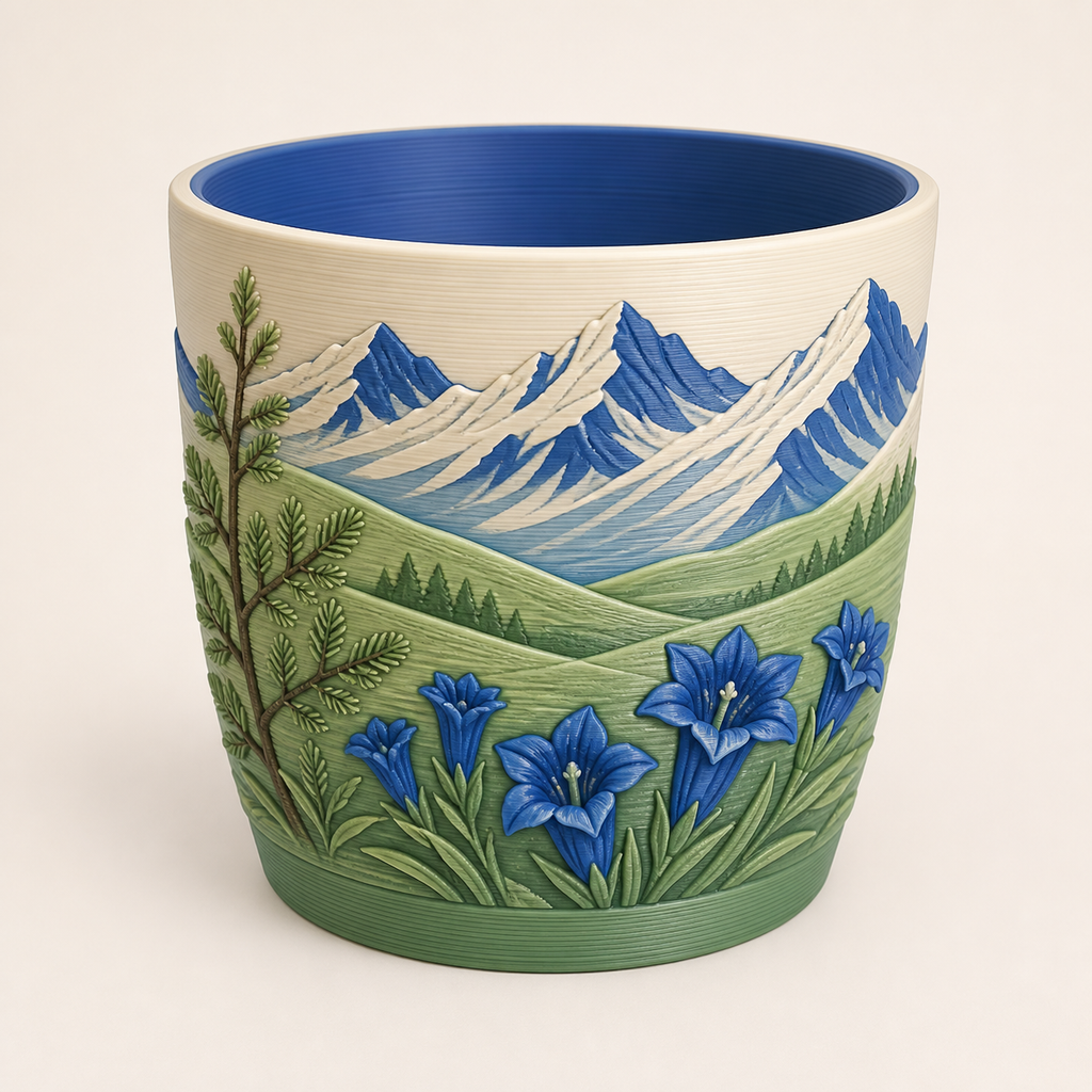 Alpine spring planter mountain pot made of 3D-printed PETG in Enzian blue, Meadow Green, cream