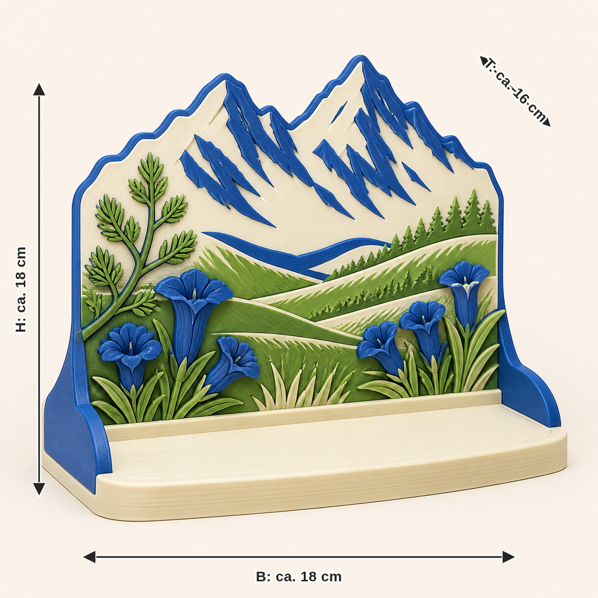 Dimensional image for Alpine spring display stands summit stage: width approx. 18 cm, depth approx. 16 cm, height approx. 18 cm