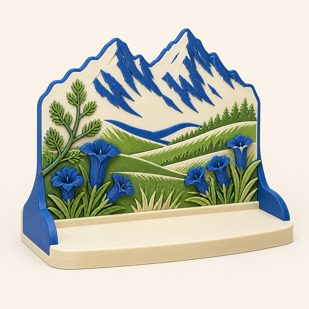 Alpenfrühling-Präsentationsständer Gipfelbühne aus 3D-gedrucktem PETG in Enzianblau, Wiesengrün, Creme