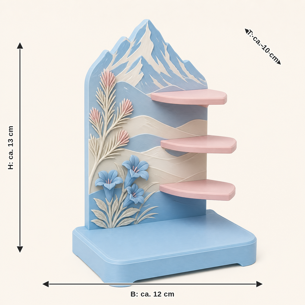 Maßbild für Alpenfrühling-Ringhalter Enzianzweig: Breite ca. 12 cm, Tiefe ca. 10 cm, Höhe ca. 13 cm