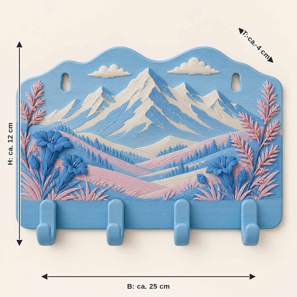 Dimensional picture for Alpine spring-key rack alm hooks: width about 25 cm, depth about 4 cm, height about 12 cm
