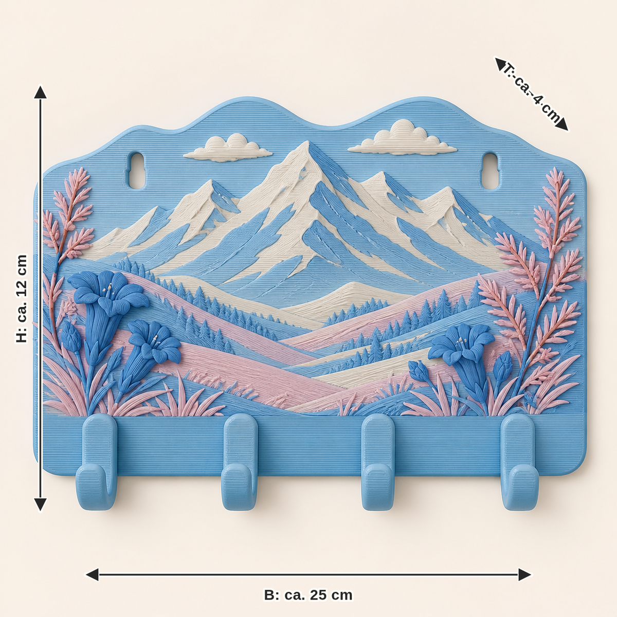 Dimensional picture for Alpine spring-key rack alm hooks: width about 25 cm, depth about 4 cm, height about 12 cm