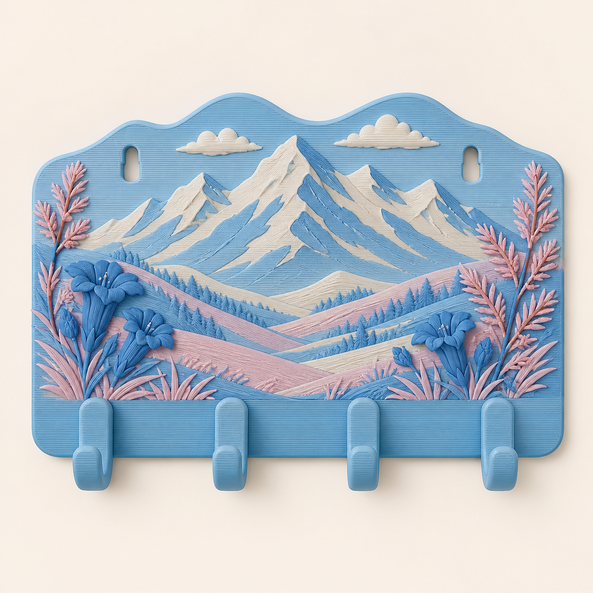 Alpine spring-key rack made of 3D-printed PETG in sky blue, rose, warm white
