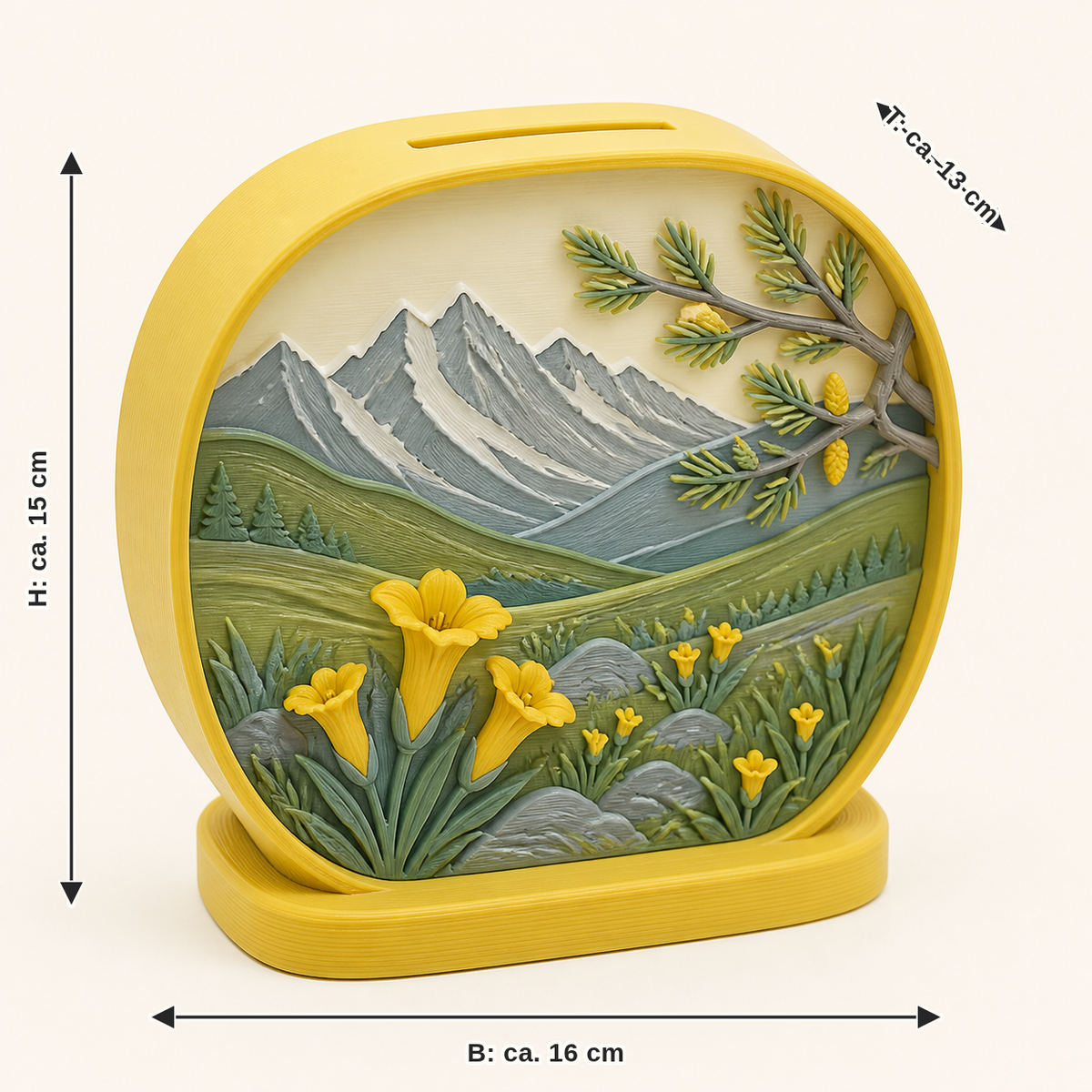 Dimensional image for Alpine spring-money box meadow window: width approx. 16 cm, depth approx. 13 cm, height approx. 15 cm