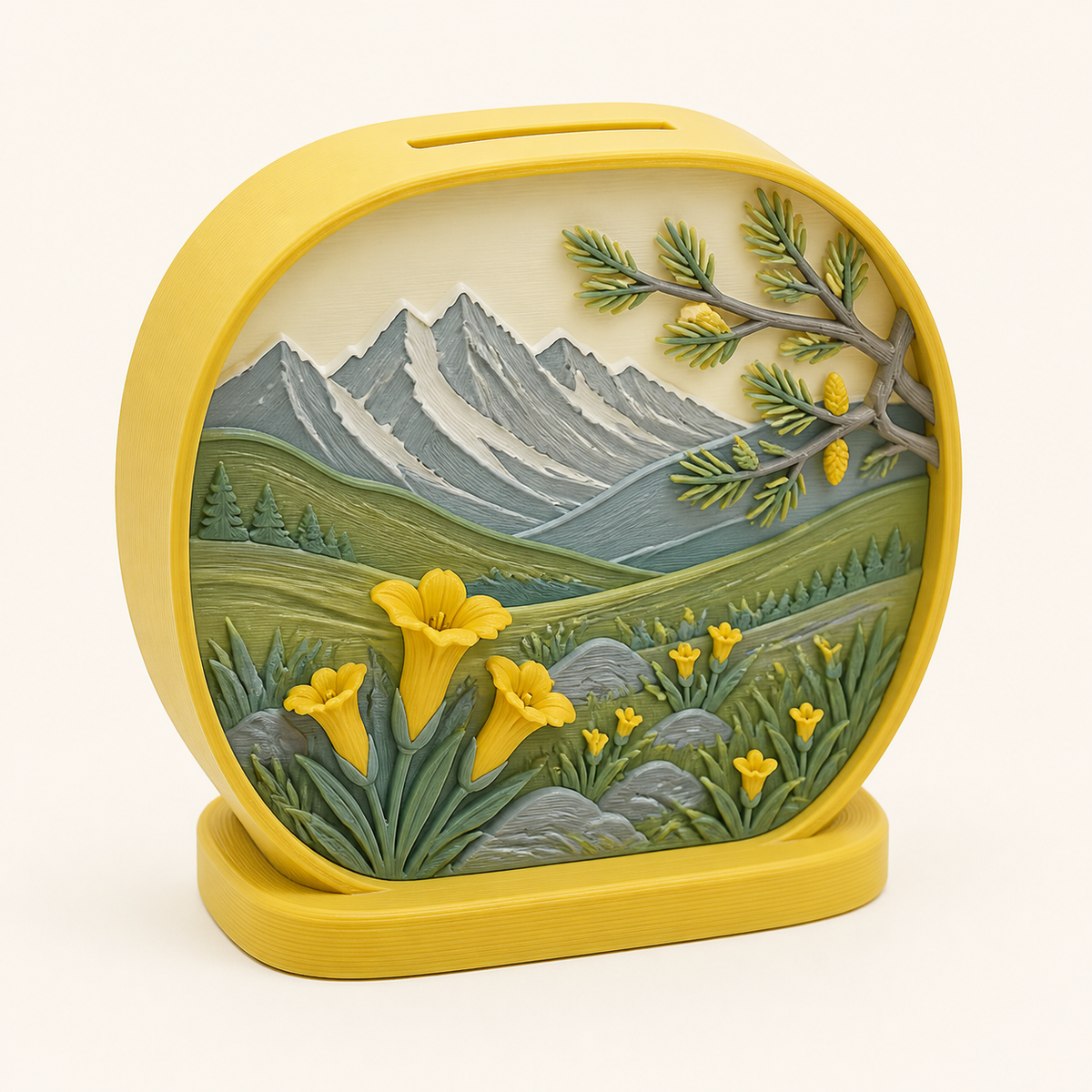 Alpine spring-money box meadow window in 3D printed PETG in sun yellow, stone grey, sage green