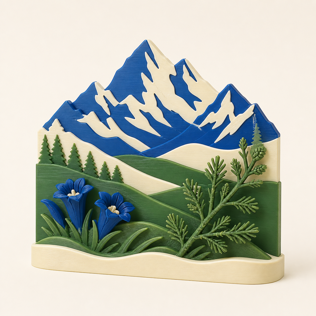 Alpenfrühling-Tischaufsteller Frühlingsgipfel aus 3D-gedrucktem PETG in Enzianblau, Wiesengrün, Creme
