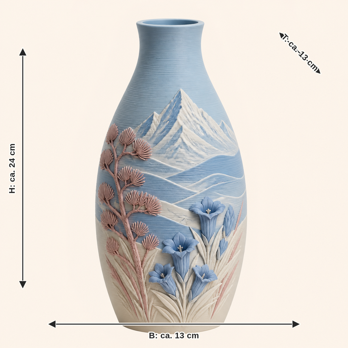 Dimensional image for Alpine spring-dried flowers-Vase Gipfelstiel: width approx. 13 cm, depth approx. 13 cm, height approx. 24 cm
