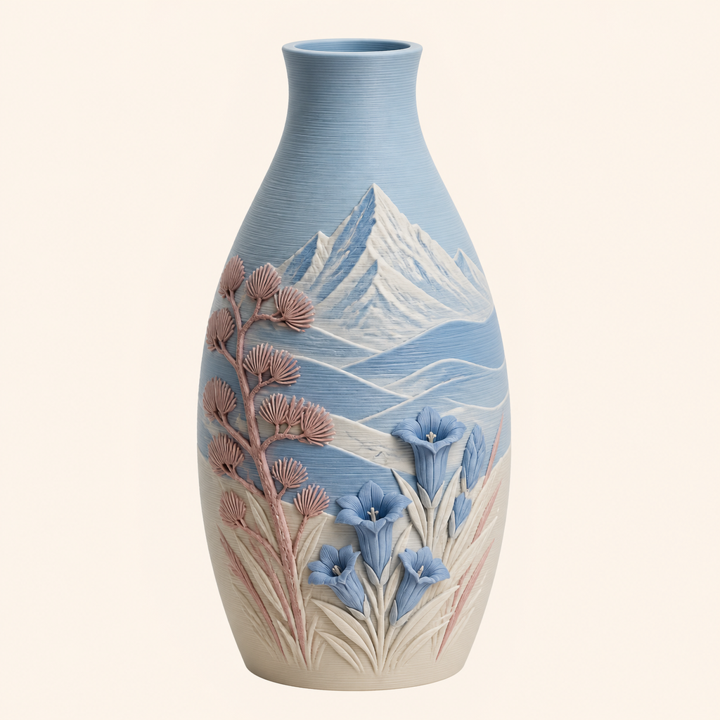 Alpenfrühling-Trockenblumen-Vase Gipfelstiel aus 3D-gedrucktem PETG in Himmelblau, Rosé, Warmweiß