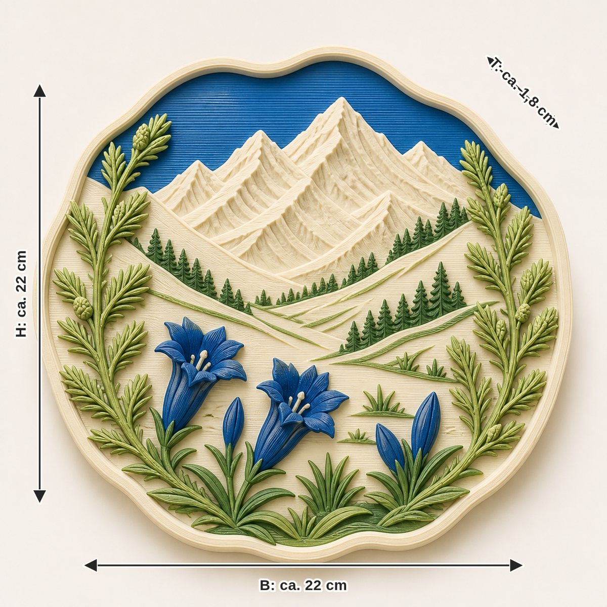 Dimensional image for Alpine spring-wall relief Almkranz: width approx. 22 cm, depth approx. 1.8 cm, height approx. 22 cm