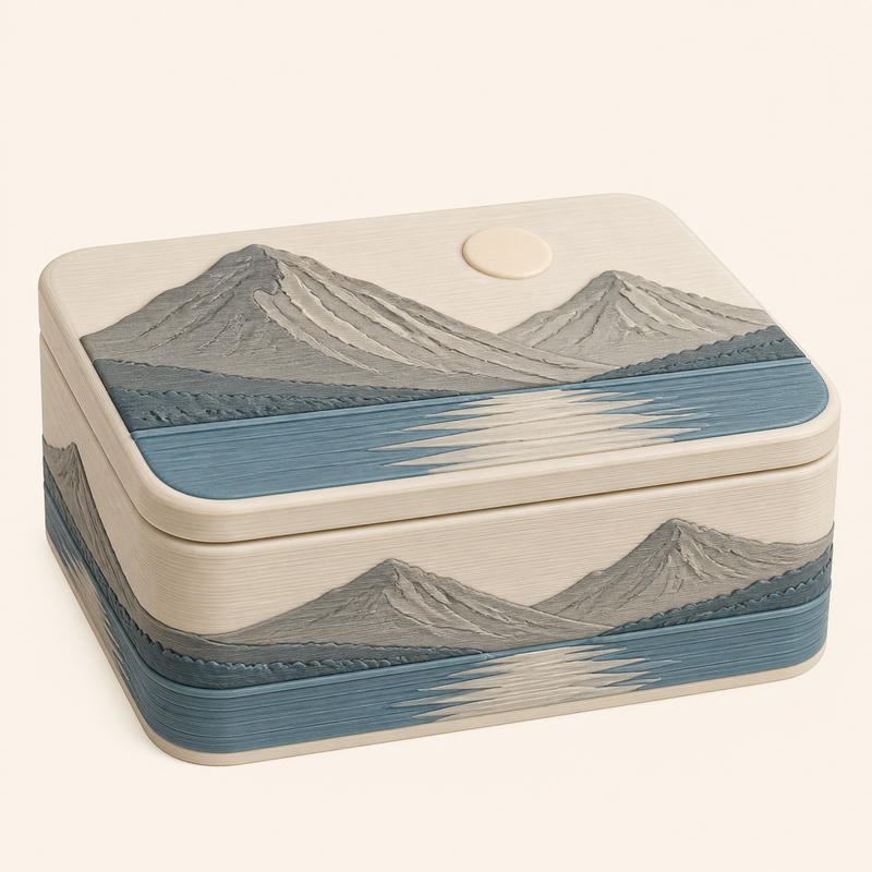 Alpine lake-storage box shore light in 3D-printed PETG in warm white, Sea blue, stone grey