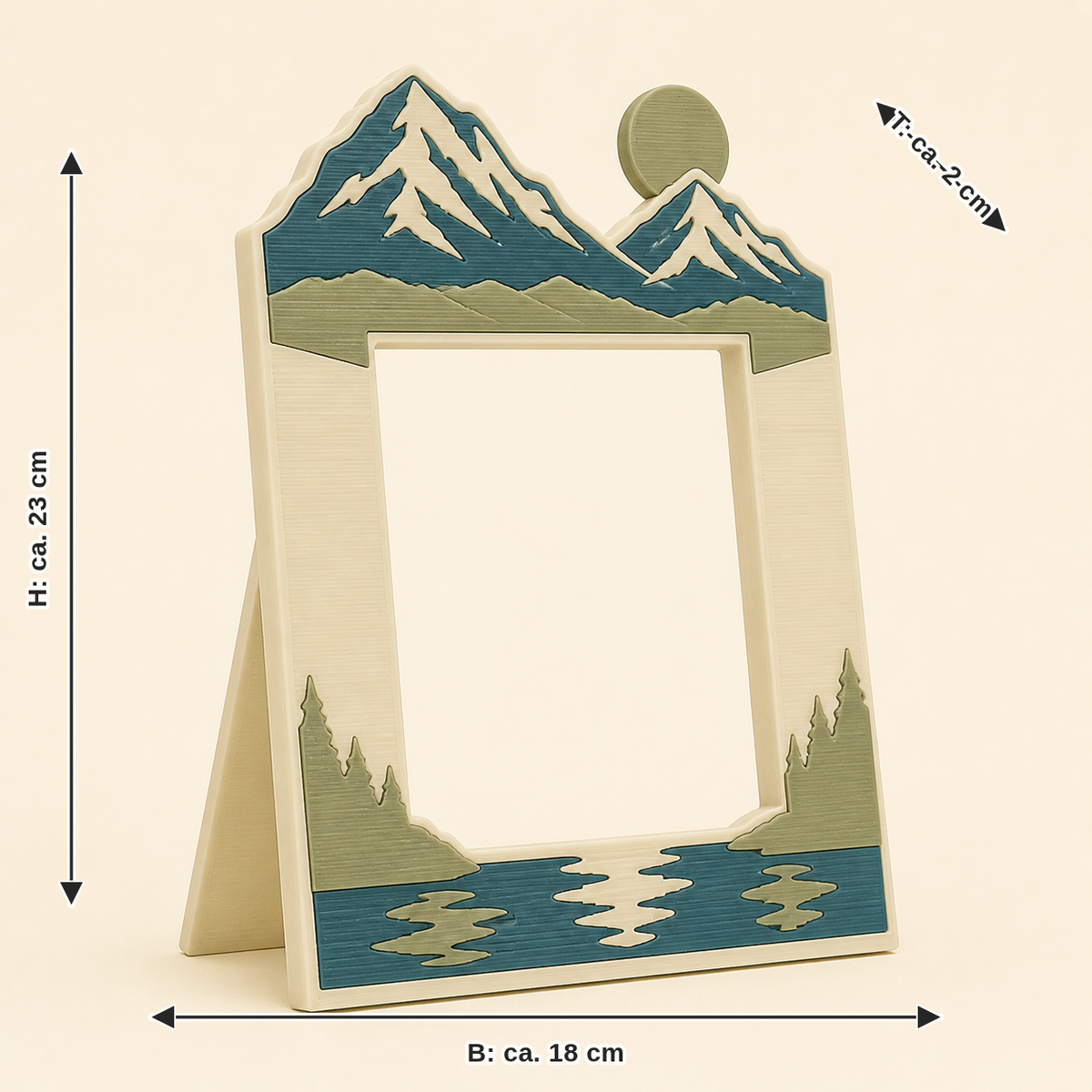 Dimensional picture for Alpine lake-photo frame summit tape: width about 18 cm, depth about 2 cm, height about 23 cm