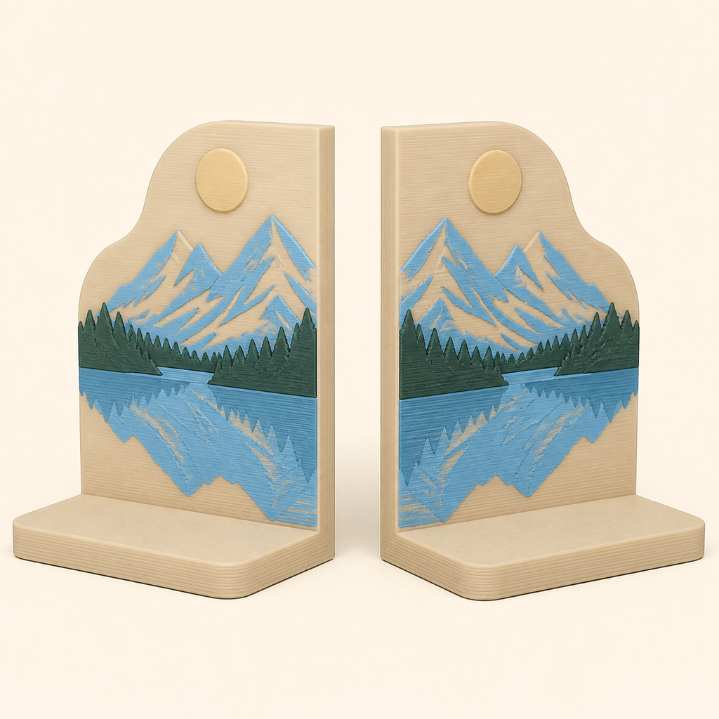 Alpine lake-bookends-pair double mirror in 3D-printed PETG in sand beige, sky blue, dark green