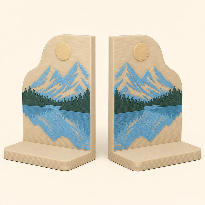 Alpine lake-bookends-pair double mirror in 3D-printed PETG in sand beige, sky blue, dark green