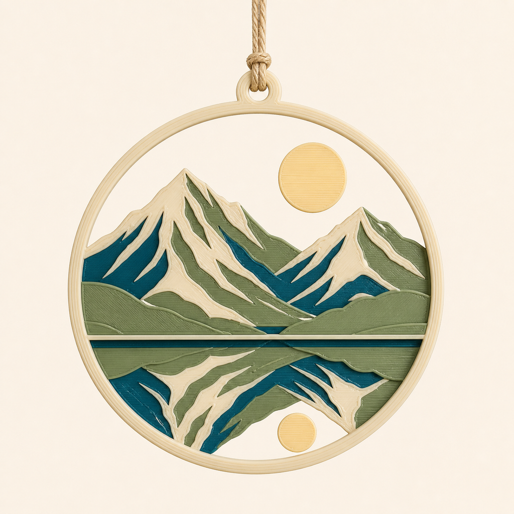 Alpine lake-window ornament sea horizon in 3D printed PETG in cream, teal, sage green