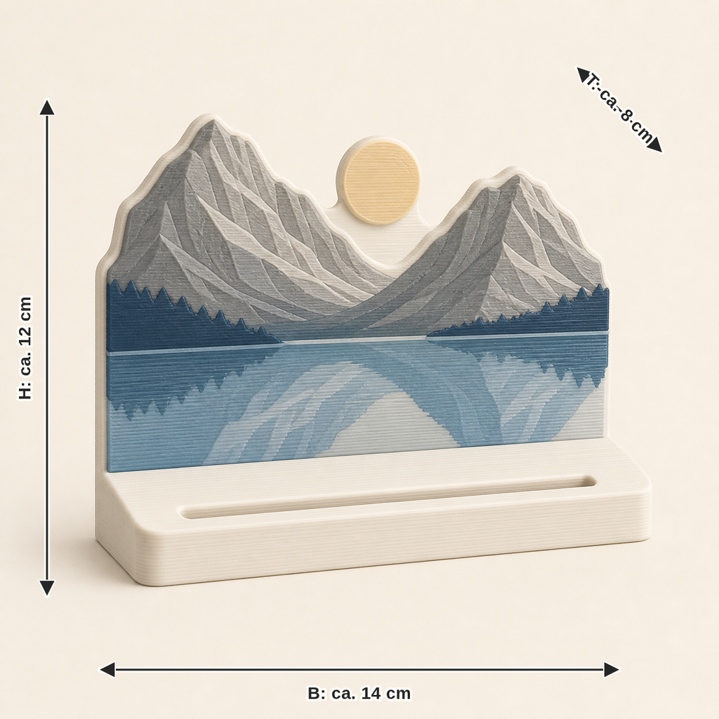 Dimensional picture for Alpine lake photo holder Valley view: width about 14 cm, depth about 8 cm, height about 12 cm