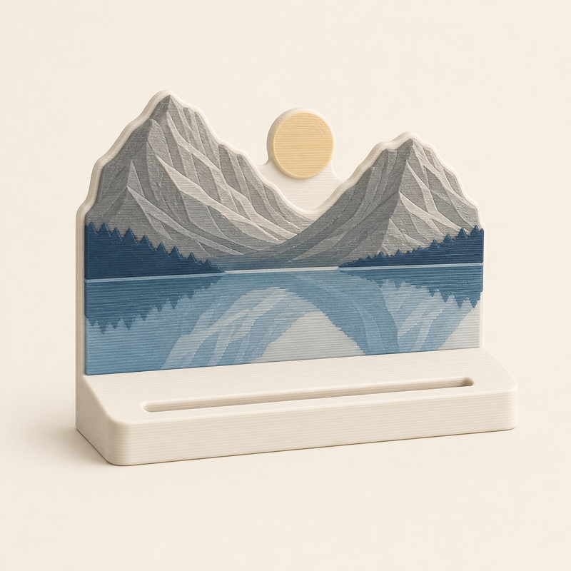 Alpine lake photo holder in 3D printed PETG in warm white, Sea blue, stone grey
