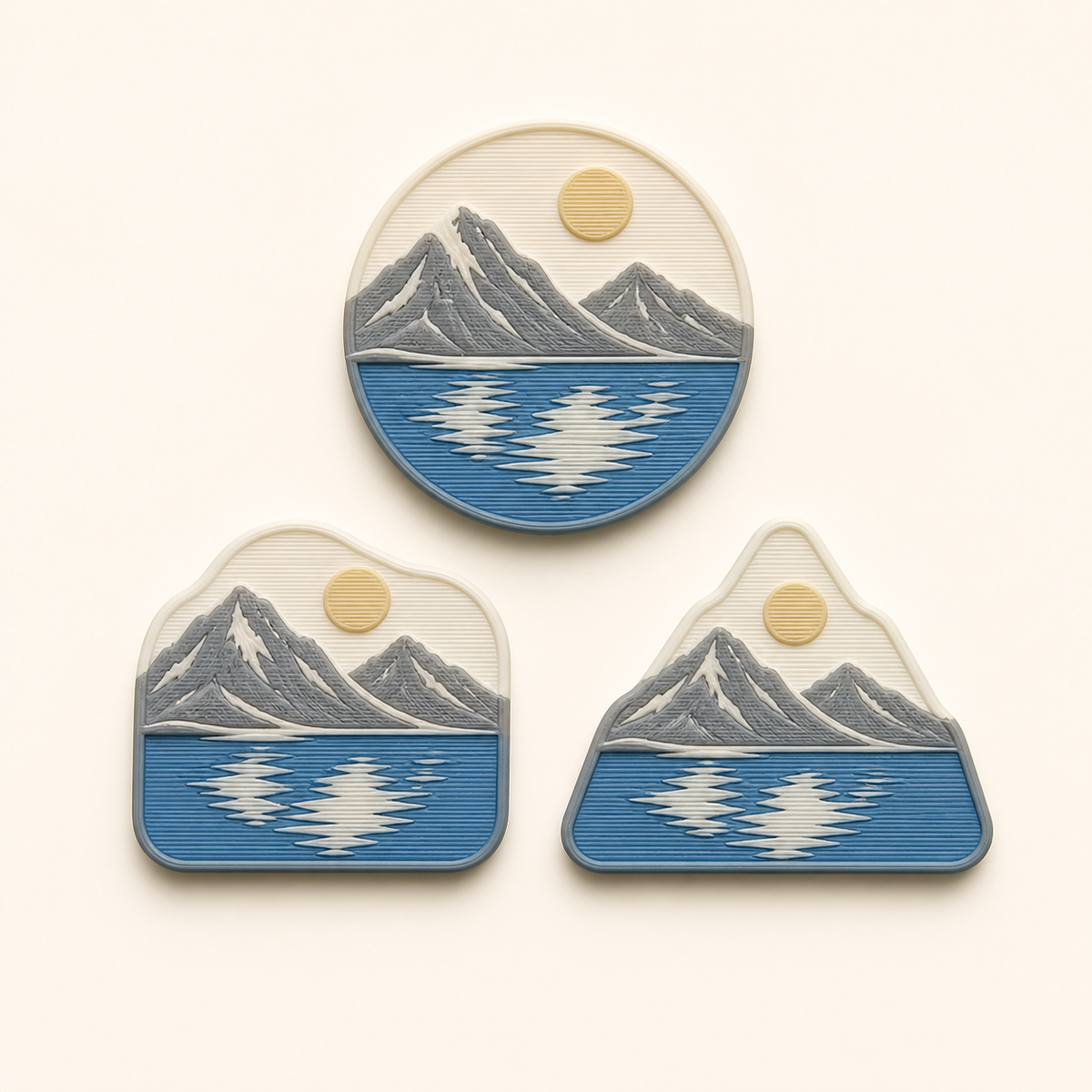 Alpine lake magnet set water path in 3D printed PETG in warm white, Sea blue, stone grey