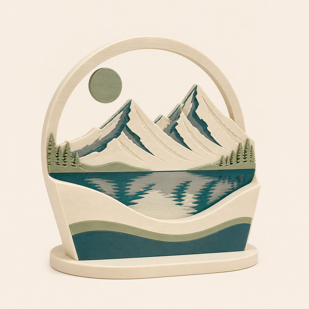 Alpine lake mini sculpture Sonnental from 3D-printed PETG in cream, teal, sage green