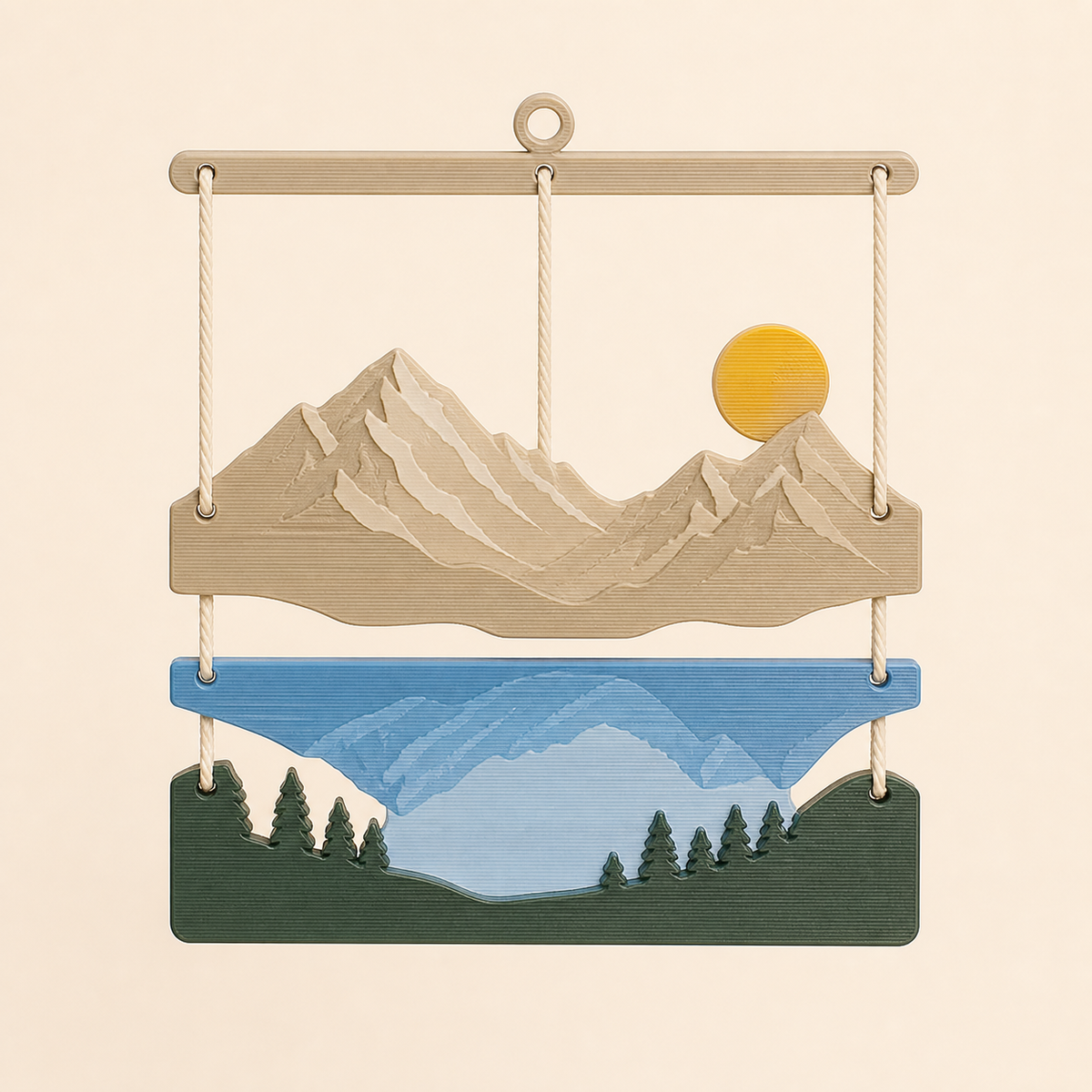 Alpine lake-Mobile mountain sun in 3D-printed PETG in sand beige, sky blue, dark green