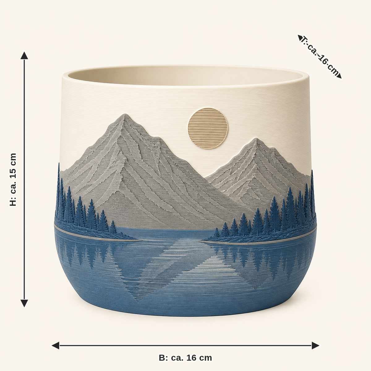 Dimensional image for Alpine lake planter Summer peak: width approx. 16 cm, depth approx. 16 cm, height approx. 15 cm
