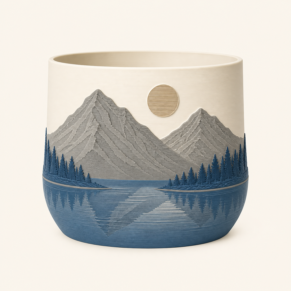 Alpine lake planter summer peak from 3D-printed PETG in warm white, Sea blue, stone grey