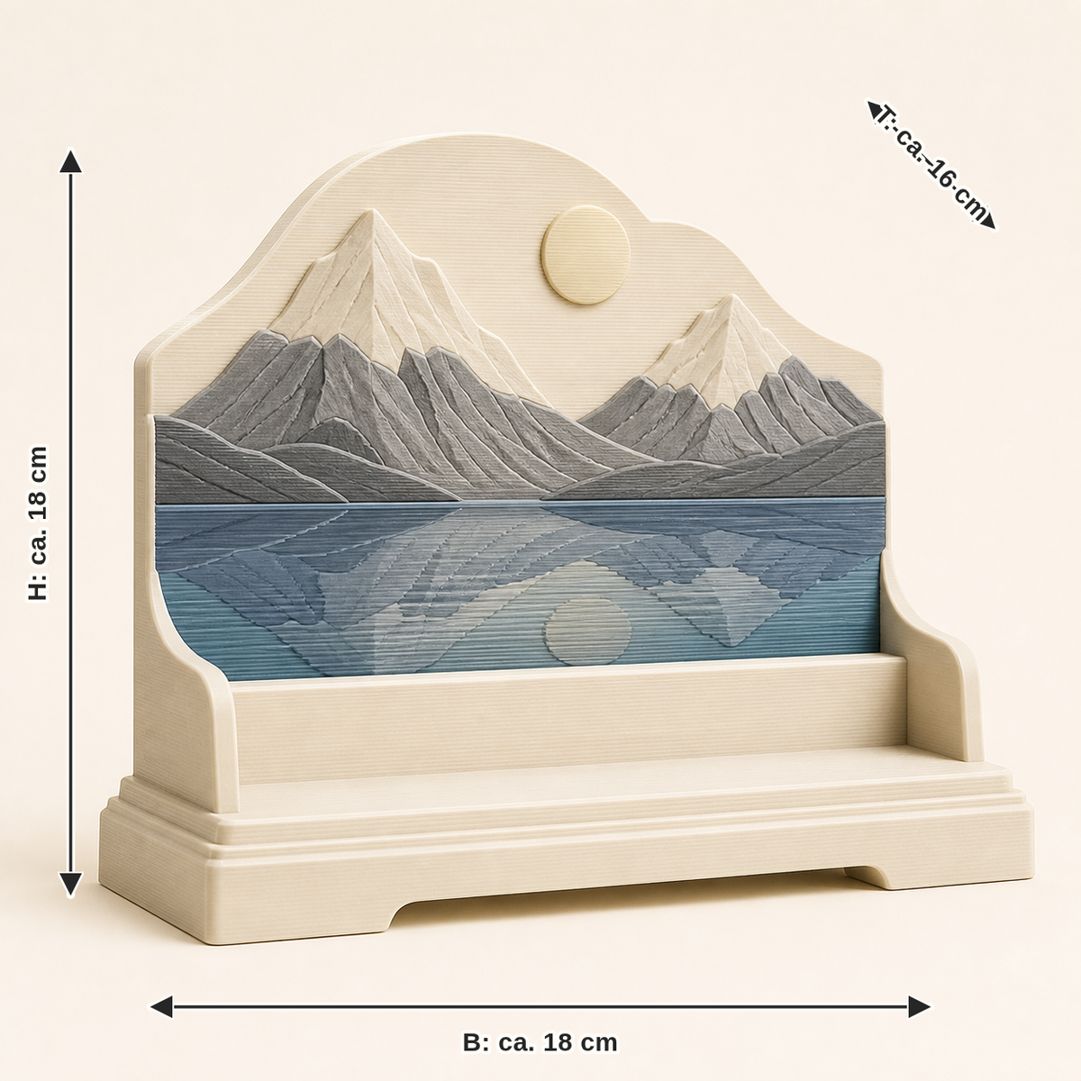 Dimensional image for Alpine lake display stands Alpine evening: width approx. 18 cm, depth approx. 16 cm, height approx. 18 cm