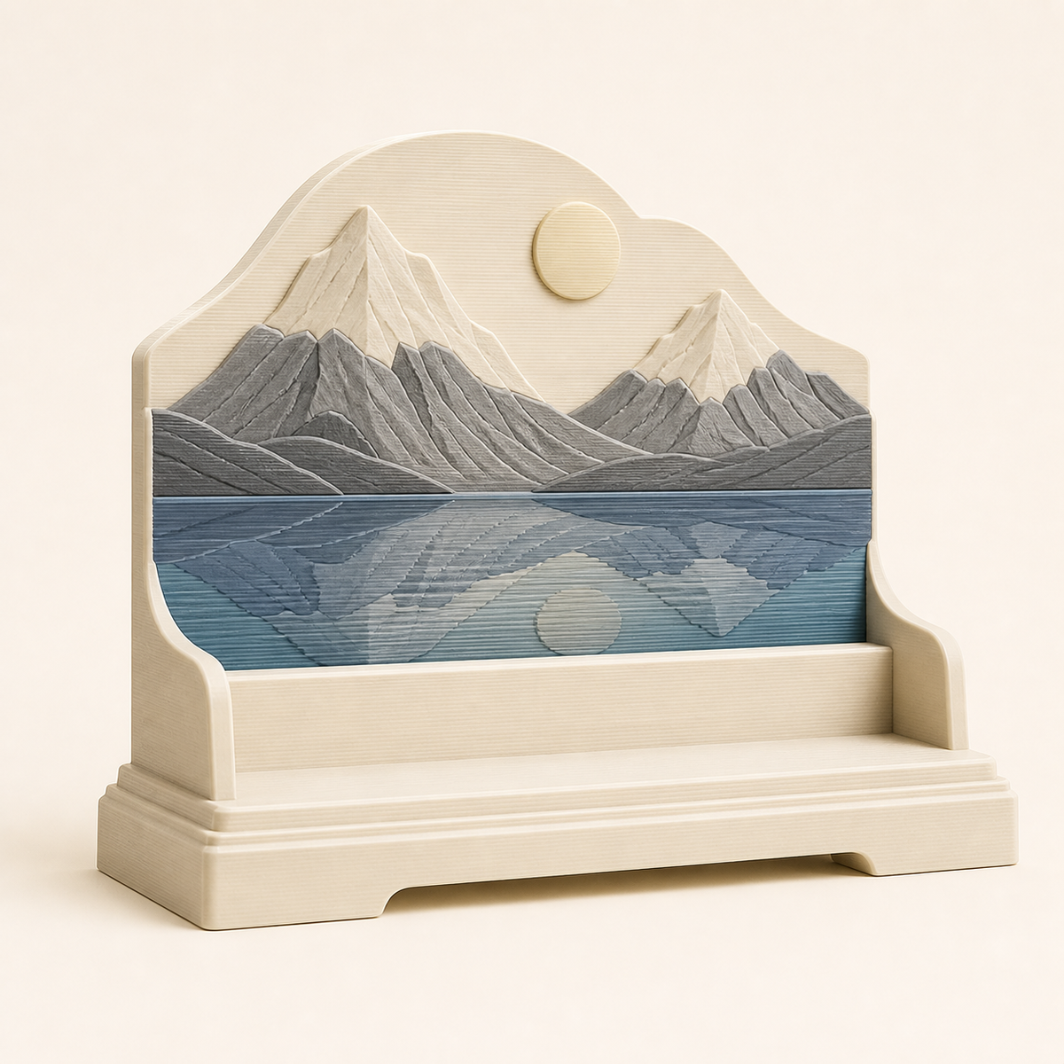 Alpine lake-Display stands Alpenabend in 3D-printed PETG in warm white, Sea blue, stone grey